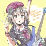  1girl :o aoba_moka arm_up bang_dream! bangs beret blue_eyes bracelet character_name dated electric_guitar grey_hair group_name guitar happy_birthday hat instrument jewelry neck_ribbon plaid_hat pleated_skirt purple_hat purple_neckwear riai_(onsen) ribbon short_hair short_sleeves simple_background skirt solo striped_neckwear studded_bracelet v yellow_background 