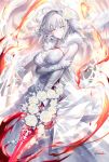  1girl artist_name bangs bare_shoulders blush breasts bridal_veil bride chains cleavage closed_mouth dress elbow_gloves eyebrows_visible_through_hair fate/grand_order fate_(series) fire flower fur_collar gloves hair_ornament jeanne_d&#039;arc_(alter)_(fate) jeanne_d&#039;arc_(fate)_(all) kousaki_rui large_breasts looking_at_viewer pale_skin rose signature silver_hair solo sword veil weapon wedding_dress white_dress white_flower white_gloves white_rose yellow_eyes 