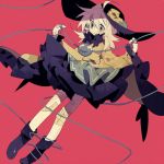  1girl ahoge bandaid bandaid_on_face black_footwear black_hat blouse boots closed_mouth commentary_request frilled_sleeves frills hat higa423 komeiji_koishi long_sleeves red_background skirt solo third_eye touhou wide_sleeves 