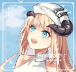  1girl arknights bare_shoulders beret blonde_hair blue_eyes blue_sky chigelanmei chinese_commentary commentary_request day hat horns horns_through_headwear long_hair nightingale_(arknights) portrait sky sleeveless sleeveless_turtleneck solo turtleneck white_headwear 