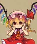  1girl ascot bangs bare_arms blonde_hair brown_background closed_mouth collared_shirt empty_eyes eyebrows facing_viewer flandre_scarlet frilled_shirt_collar frilled_skirt frills hair_between_eyes hands_on_own_cheeks hands_on_own_face hands_up hat hat_ribbon highres long_hair looking_at_viewer mob_cap no_pupils orange_neckwear red_eyes red_ribbon red_skirt red_vest ribbon shirt side_ponytail skirt skirt_set smile solo sparkle touhou upper_body vest white_hat white_shirt wings yukino_super 