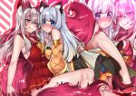 2girls :&lt; :q ahoge animal_ears bangs bare_arms bare_shoulders blue_eyes blush breasts commentary detached_sleeves english_commentary eyebrows_visible_through_hair fox_ears fox_tail grey_hair hair_between_eyes high_heels hug huge_breasts law_of_creation long_hair long_sleeves looking_at_viewer multiple_girls neckerchief osiimi puffy_long_sleeves puffy_sleeves red_footwear red_neckwear red_shirt shirt sideboob signature smile tail tongue tongue_out yellow_neckwear zoom_layer 