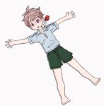  1boy barefoot blue_shirt bright_pupils collared_shirt commentary_request full_body grey_background highres legs_apart lying made_in_abyss male_focus natt_(made_in_abyss) on_back outstretched_arms pink_hair shirt short_shorts short_sleeves shorts simple_background solo spread_arms usuki_(usukine1go) violet_eyes whistle wide-eyed wing_collar 