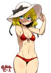  1girl adjusting_clothes adjusting_hat aono3 arm_behind_back bangs bikini black_bow black_ribbon blush bow breasts commentary_request cowboy_shot emblem fang front-tie_bikini front-tie_top frown hat hat_bow hat_ribbon katyusha looking_away navel pravda_(emblem) print_bikini red_bikini ribbon short_hair simple_background small_breasts solo standing sun_hat swimsuit translation_request white_background white_hat 