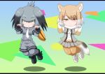  2girls animal_ears bangs belt black_footwear black_gloves black_hair blush bodystocking breast_pocket buttons chibi closed_mouth collared_shirt commentary_request eyebrows_visible_through_hair feet_up fingerless_gloves fox_ears fox_tail fur_collar gloves grey_hair grey_legwear grey_shirt grey_shorts hair_between_eyes hands_up hayashiya_zankurou jumping kemono_friends letterboxed light_brown_hair long_hair looking_at_viewer low_ponytail multicolored_hair multiple_girls necktie no_tail open_clothes open_vest orange_hair paw_pose pocket shirt shoebill_(kemono_friends) short_hair shorts side_ponytail sidelocks skirt tail tibetan_sand_fox_(kemono_friends) tsurime two-tone_hair vest white_footwear white_hair white_neckwear yellow_eyes 