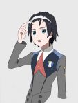  1boy black_hair blue_eyes commentary_request darling_in_the_franxx finger_to_head hair_ornament hairband hand_up highres hiro_(darling_in_the_franxx) horns long_sleeves male_focus military military_uniform motuno_253 necktie oni_horns open_mouth red_neckwear short_hair solo uniform white_hairband 