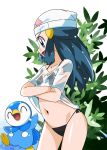  &gt;:d 1girl beanie bikini black_bikini blue_eyes blue_hair closed_eyes hainchu happy hat hikari_(pokemon) navel open_mouth piplup pokemon pokemon_(anime) see-through shirt shirt_lift simple_background smile swimsuit undressing wet wet_clothes wet_shirt white_background white_shirt 