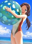  1girl ;d ball bangs bare_arms bare_shoulders beach beachball blue_eyes blue_sky blush brown_hair clouds commentary_request competition_swimsuit day fate/grand_order fate_(series) flat_chest highres holding holding_ball leonardo_da_vinci_(fate/grand_order) long_hair looking_at_viewer mu-pyon ocean one-piece_swimsuit one_eye_closed open_mouth outdoors parted_bangs ponytail sand sidelocks sky smile solo standing swimsuit water 