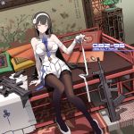  1girl arm_support assault_rifle bangs between_breasts black_hair black_legwear blue_neckwear blush breasts bullpup cape cape_removed character_name circle_a cleavage closed_mouth explosive eyebrows_visible_through_hair fingerless_gloves flower girls_frontline gloves grenade grenade_launcher gun hair_flower hair_ornament hairband head_tilt holding holding_ribbon indoors large_breasts long_hair looking_at_viewer necktie necktie_between_breasts pantyhose pumps qbz-95 qbz-95_(girls_frontline) ribbon rifle shirt sitting skirt smile solo thigh-highs very_long_hair weapon white_footwear white_gloves white_hairband white_ribbon white_shirt white_skirt wrist_straps yellow_eyes 