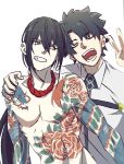  2boys :d black_hair closed_eyes commentary_request fate/grand_order fate_(series) fujimaru_ritsuka_(male) green_eyes grin hand_on_another&#039;s_shoulder hand_up highres jewelry long_hair looking_at_another male_focus mi_(pic52pic) multiple_boys necklace open_mouth shirtless smile tattoo v wing_collar yan_qing_(fate/grand_order) 