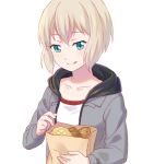  1girl :q aoba_moka bag bang_dream! bangs blue_eyes bread collarbone commentary_request food grey_hair grey_jacket hood hood_down hooded_jacket jacket licking_lips long_sleeves paper_bag shati short_hair simple_background solo tongue tongue_out upper_body white_background 