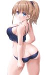  1girl ass blue_eyes blue_panties blush breasts brown_hair cleavage dd_(ijigendd) highres intrepid_(kantai_collection) kantai_collection large_breasts looking_at_viewer panties ponytail short_hair simple_background solo underwear white_background 