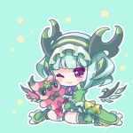  1girl ;3 astaroth_(p&amp;d) black_bow blush bow cauchemar_(p&amp;d) chibi closed_mouth commentary_request detached_wings dress green_background green_dress green_hair green_legwear hairband horns kneehighs looking_away one_eye_closed pentagram pikomarie puzzle_&amp;_dragons short_hair sitting solo star stuffed_animal stuffed_toy violet_eyes wings 