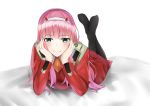 1girl absurdres aqua_eyes bangs black_legwear commentary_request darling_in_the_franxx eyebrows_visible_through_hair hairband highres horns legs_crossed long_hair lying no_shoes on_stomach orange_neckwear pantyhose pink_hair red_horns smile solo uniform white_hairband yuyuenimo zero_two_(darling_in_the_franxx) 