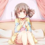  1girl bangs bed black_hair blush bow bowtie curtains hands_together long_sleeves looking_at_viewer love_live! love_live!_school_idol_project on_bed pajamas pillow red_eyes riai_(onsen) side_bun sitting sitting_on_bed smile solo striped translation_request white_neckwear yazawa_nico 