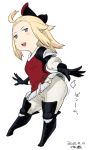  1girl ahoge blonde_hair blush_stickers boots bow bravely_default:_flying_fairy bravely_default_(series) edea_lee full_body gloves hair_bow looking_at_viewer open_mouth pants skirt smile solo tsukudani_(coke-buta) white_legwear 
