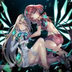  2girls armor ass bangs blonde_hair blush breasts cleavage covered_navel crotchless_pants dress earrings fingerless_gloves gloves mythra_(xenoblade) hinot pyra_(xenoblade) jewelry large_breasts long_hair looking_at_viewer multiple_girls red_shorts redhead short_hair shorts shoulder_armor sidelocks simple_background smile swept_bangs tiara xenoblade_(series) xenoblade_2 yellow_eyes 