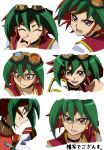  1boy choker closed_eyes expressions goggles goggles_on_head green_hair grin looking_at_viewer multicolored_hair open_mouth red_eyes red_shirt redhead rento_(rukeai) sakaki_yuuya shirt smile spiky_hair star sweatdrop yu-gi-oh! yuu-gi-ou_arc-v 