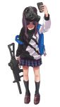  1girl backpack bag black_legwear brown_footwear brown_hair full_body gas_mask gun holding holding_gun holding_weapon kneehighs loafers long_hair military original plaid plaid_skirt shoes skirt solo tabao taking_picture twitch.tv weapon weapon_request 