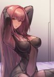  1girl arms_up bed blush bodysuit breasts covered_navel emoto_reishi eyebrows_visible_through_hair fate/grand_order fate_(series) highres large_breasts long_hair looking_at_viewer open_mouth purple_bodysuit purple_hair red_eyes scathach_(fate/grand_order) solo very_long_hair 