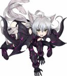  1girl ahoge all_fours animal_ears atalanta_(alter)_(fate) atalanta_(fate) beriko_(dotera_house) black_armor cat_ears cat_tail eyebrows_visible_through_hair fate/grand_order fate_(series) gauntlets greaves green_eyes highres long_hair pauldrons silver_hair simple_background slit_pupils tail very_long_hair white_background 