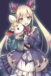  1girl :d bangs blonde_hair bow diamond_(shape) double_bun dress eyebrows eyelashes frilled_dress frills gem green_eyes hair_bow hair_ornament head_tilt highres holding holding_stuffed_animal long_hair long_sleeves looking_at_viewer luna_(shadowverse) open_mouth puffy_sleeves purple_background purple_dress red_bow red_ribbon ribbon shadowverse simple_background smile solo stuffed_animal stuffed_mouse stuffed_toy teeth tongue twintails very_long_hair wagashi928 