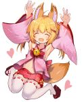  1girl animal_ears armpits arms_up bell blonde_hair closed_eyes detached_sleeves fox_ears fox_tail hair_ornament hairclip hakama_skirt heart japanese_clothes jingle_bell jumping kemomimi_oukoku_kokuei_housou legs_up long_hair miko mikoko_(kemomimi_oukoku_kokuei_housou) miniskirt navel open_clothes open_mouth open_shirt pink_shirt red_skirt ribbon rk_(rktorinegi) sandals shirt simple_background skirt smile solo tail thigh-highs twintails virtual_youtuber white_background white_legwear 