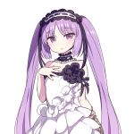  1girl :o bangs bare_shoulders blush chan_co choker dress eyebrows_visible_through_hair fate/grand_order fate/hollow_ataraxia fate_(series) frilled_dress frills hairband jewelry lolita_hairband long_hair looking_at_viewer necklace open_mouth parted_bangs pearl_necklace purple_hair simple_background solo standing stheno twintails very_long_hair violet_eyes white_background white_dress 