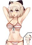  1girl absurdres ahoge armpits arms_behind_head bangs bikini black_bow blonde_hair bow breasts chibi covered_nipples eyebrows_visible_through_hair fate_(series) fengyue_jiang front-tie_bikini front-tie_top hair_between_eyes hair_bow highres horizontal_stripes large_breasts looking_at_viewer navel okita_souji_(fate) open_mouth red_eyes short_hair side-tie_bikini simple_background striped striped_bikini swimsuit white_background 