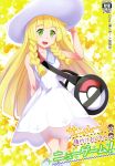  1girl :d absurdres bag bare_arms bare_shoulders blonde_hair blush braid collared_dress cover cover_page dress duffel_bag green_eyes gym_bag hand_on_headwear hat highres huge_filesize kneehighs lillie_(pokemon) long_hair open_mouth poke_ball_theme pokemon pokemon_(game) pokemon_sm scan see-through shoulder_bag sleeveless sleeveless_dress smile solo sun_hat sundress tsukishima_misuto twin_braids white_dress white_hat white_legwear 