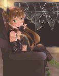  1girl :q absurdres ahoge asymmetrical_legwear bangs bare_shoulders black_gloves blush bow bracelet breasts brown_hair cityscape couch crop_top dark_sky double_bun earrings elbow_rest eyebrows_visible_through_hair fingerless_gloves fishnet_fabric from_side girls_frontline gloves green_eyes green_legwear hair_between_eyes hair_bow half_gloves hand_up highres hoop_earrings horns indoors jacket jewelry kneehighs legs_crossed lightning long_hair looking_at_viewer medium_breasts off_shoulder panda_0078 pantyhose rfb_(girls_frontline) sidelocks sitting smile solo sparkle striped striped_legwear tongue tongue_out 