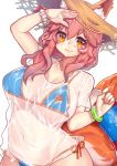  1girl animal_ears bikini blue_bikini bracelet breasts closed_mouth cowboy_shot ears_through_headwear fate/grand_order fate_(series) fox_ears fox_tail hand_up hat huge_breasts innertube jewelry leaning_to_the_side long_hair looking_at_viewer navel orange_eyes osiimi pink_hair see-through shirt short_sleeves side-tie_bikini simple_background smile solo straw_hat swimsuit tail tamamo_(fate)_(all) tamamo_no_mae_(swimsuit_lancer)_(fate) white_background white_shirt wristband 