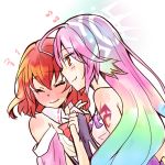  2girls artist_request bare_shoulders blush bow bowtie breasts bridal_gauntlets closed_eyes closed_mouth detached_collar dress gloves gradient_hair halo hand_holding jibril_(no_game_no_life) large_breasts long_hair magic_circle multicolored_hair multiple_girls no_game_no_life orange_eyes pink_hair redhead short_hair smile source_request stephanie_dora tattoo very_long_hair wavy_mouth wing_ears 
