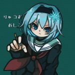  1girl aqua_background bangs black_choker black_hairband black_serafuku black_shirt black_skirt blue_eyes blue_hair choker closed_mouth earmuffs eyebrows frown hair_between_eyes hair_intakes hair_ornament hairband hand_up neckerchief pleated_skirt red_neckwear ryuuou_no_oshigoto! sailor_collar school_uniform serafuku shirt short_hair skirt skirt_set snowflake_hair_ornament snowflakes solo sora_ginko white_sailor_collar yukino_super 