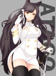  1girl animal_ears atago_(azur_lane) azur_lane bangs black_hair black_legwear breasts character_name commentary_request eyebrows_visible_through_hair garter_straps gloves hair_ribbon hand_on_sword highres katana large_breasts long_hair military military_uniform miniskirt mole mole_under_eye nagidori pencil_skirt ribbon sheath sheathed side_slit skirt smile solo swept_bangs sword thigh-highs uniform very_long_hair weapon white_gloves white_ribbon white_skirt yellow_eyes zettai_ryouiki 