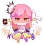  1girl angel_wings azriel_(no_game_no_life) blood blood_on_face book breasts chibi commentary_request crop_top cross evil_grin evil_smile feathered_wings gloves gradient_eyes gradient_hair gradient_wings grin halo jibril_(no_game_no_life) kana_(ky4696) large_breasts long_hair low_wings lowres magic_circle midriff mismatched_legwear multicolored multicolored_eyes multicolored_hair multicolored_wings navel no_game_no_life orange_eyes pink_hair shoes single_shoe smile symbol-shaped_pupils tablet_pc tattoo very_long_hair white_wings wing_ears wings yellow_eyes 