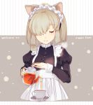  1girl alpaca_suri_(kemono_friends) alternate_costume ancolatte_(onikuanco) apron closed_eyes commentary_request cup enmaided hair_bun hair_over_one_eye hair_tubes highres juliet_sleeves kemono_friends long_sleeves maid maid_apron maid_headdress pouring puffy_sleeves short_hair smile solo tea teacup teapot white_hair 