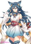 1girl animal_ears bangs bell blue_eyes blue_hair bow cat_ears cat_tail closed_mouth cosplay detached_sleeves eyebrows_visible_through_hair fingerless_gloves fire_emblem fire_emblem:_kakusei fire_emblem_heroes fire_emblem_if fur_collar fur_trim gebyy-terar gloves hair_between_eyes hairband japanese_clothes jewelry jingle_bell kimono long_hair looking_at_viewer lucina multiple_tails nekomata obi sakura_(fire_emblem_if) sakura_(fire_emblem_if)_(cosplay) sash short_kimono simple_background single_earring smile solo tail tail_bell tail_bow thigh-highs tiara two_tails white_background zettai_ryouiki 