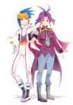  2boys antenna_hair blonde_hair blue_eyes blue_hair blue_pants boots grey_footwear grin hand_on_hip jacket looking_at_viewer male_focus multicolored_hair multiple_boys outstretched_arm outstretched_hand pants purple_hair purple_jacket rento_(rukeai) smile spiky_hair standing violet_eyes white_footwear white_jacket white_pants yu-gi-oh! yuu-gi-ou_arc-v yuugo_(yuu-gi-ou_arc-v) yuuri_(yuu-gi-ou_arc-v) 