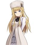  1girl arms_behind_back bangs black_bow blonde_hair blue_eyes blush bow closed_mouth commentary_request dress eyebrows_visible_through_hair fur_hat hair_flaps hat head_tilt highres long_hair long_sleeves looking_at_viewer mitchi princess_(princess_principal) princess_principal sidelocks smile solo very_long_hair 