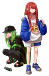  2girls black_hat black_jacket blue_footwear bubble_blowing can chewing_gum earrings energy_drink green_hair green_nails hair_over_one_eye hand_in_pocket hat holding_drink hood hoodie jacket jewelry logo long_hair monster_energy multiple_girls nail_polish personification red_bull redhead shoes shorts sneakers squatting standing stud_earrings tabao 