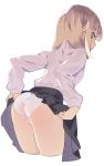  1girl ass bangs black_skirt blonde_hair blue_eyes blush closed_mouth hajime_(hajime-ill-1st) highres leaning_forward lifted_by_self looking_at_viewer looking_back medium_hair original panties see-through shirt skirt skirt_lift solo underwear white_background white_panties white_shirt 