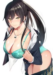  1girl bangs bare_shoulders black_hair black_jacket blush bra breasts cleavage collarbone dog_tags dress_shirt ear_piercing eyebrows_visible_through_hair green_bra green_panties green_skirt hair_between_eyes hips idolmaster idolmaster_shiny_colors jacket large_breasts leaning_forward long_hair looking_at_viewer necktie open_clothes open_jacket panties piercing plaid plaid_skirt pleated_skirt ponytail school_uniform shirase_sakuya shirt shirt_pull simple_background skirt skirt_pull solo sweat thighs umihotaru_harumare underwear white_background yellow_eyes 