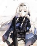  1girl an-94 an-94_(girls_frontline) assault_rifle bangs black_gloves black_hairband blue_eyes closed_mouth commentary dyolf eyebrows_visible_through_hair girls_frontline gloves gun hairband hand_in_hair hand_up holding holding_gun holding_weapon jacket long_hair looking_away looking_to_the_side object_namesake purple_jacket rifle short_shorts shorts sidelocks solo trigger_discipline very_long_hair weapon white_background white_hair white_shorts 