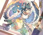 1girl aile_(crossroads) animal bangs bare_shoulders bird blue_wings bridal_gauntlets character_request commentary_request eyebrows_visible_through_hair facial_mark feathered_wings flower green_eyes green_hair hair_ornament hand_up head_wings long_hair looking_at_viewer multicolored multicolored_wings official_art onmyoji parted_lips pink_flower ponytail shirt sidelocks skirt sleeveless sleeveless_shirt solo water white_shirt white_wings wings yellow_skirt 