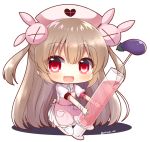  1girl :d apron bandage bandaged_arm bangs blush bunny_hair_ornament collared_dress commentary_request dress eggplant eyebrows_visible_through_hair fang hair_between_eyes hair_ornament hat heart holding holding_syringe kneeling large_syringe light_brown_hair long_hair looking_at_viewer natori_sana nurse nurse_cap open_mouth oversized_object pink_apron pink_footwear pink_hat pleated_dress puffy_short_sleeves puffy_sleeves red_eyes sana_channel shoes short_sleeves sidelocks smile solo syringe thigh-highs twitter_username two_side_up very_long_hair virtual_youtuber white_background white_dress white_legwear yukiyuki_441 