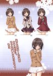  1girl absurdres ahoge arm_behind_back artbook bangs blush blush_stickers bow brown_eyes brown_hair brown_scarf brown_sweater buttons closed_mouth dress ears_visible_through_hair eyebrows_visible_through_hair hair_between_eyes highres konayuki_fururi long_sleeves looking_at_viewer maroon_bow maroon_neckwear maroon_skirt multiple_views open_mouth patterned_background peko pleated pleated_skirt red_dress scan scarf short_hair skirt snowflakes sweater translated white_skirt yoshioka_saeko 