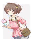  1girl alisa_(girls_und_panzer) bag bangs brown_eyes brown_hair carrying casual closed_mouth commentary_request cowboy_shot eyebrows_visible_through_hair flying_sweatdrops food freckles girls_und_panzer grey_background grey_skirt hair_ornament handbag heart heart_necklace holding holding_food ice_cream_cone jewelry light_frown looking_at_viewer moro_(like_the_gale!) necklace off-shoulder_shirt outside_border pink_shirt print_skirt shirt short_hair short_twintails skirt solo standing star star_hair_ornament twintails 