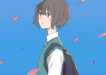  1girl :o backpack bag blue_background blush brown_hair commentary_request from_side green_eyes green_vest long_sleeves monsieur original parted_lips petals shirt short_hair simple_background solo upper_body vest white_shirt wing_collar 