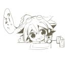  1boy ahoge chibi eating goggles goggles_on_head greyscale monochrome rento_(rukeai) sakaki_yuuya sketch solo spiky_hair table yu-gi-oh! yuu-gi-ou_arc-v 